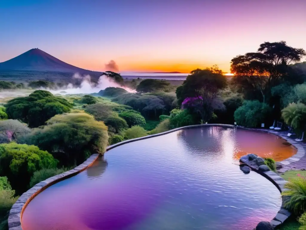 Vista panorámica al atardecer de las tranquilas termas en Uruguay, un de los mejores lugares de alojamiento, con su cálido resplandor y serenidad