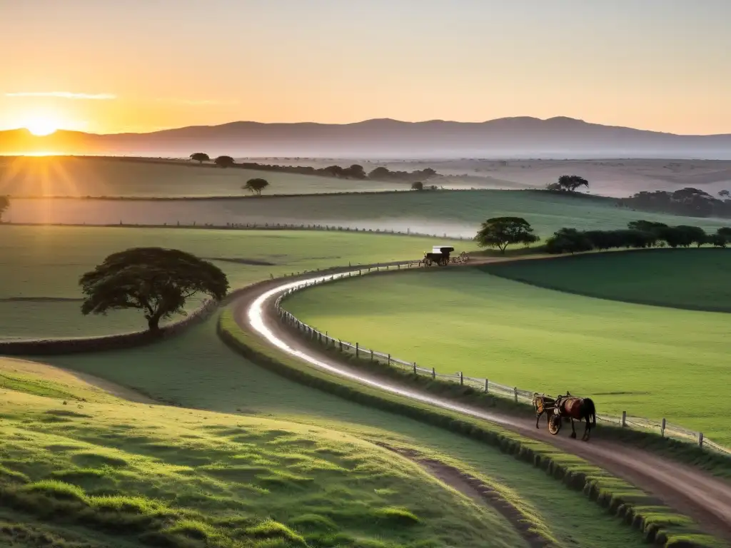 Vista panorámica de un atardecer en el tranquilo turismo rural en Uruguay, con pastizales verdes, ganado y tradición