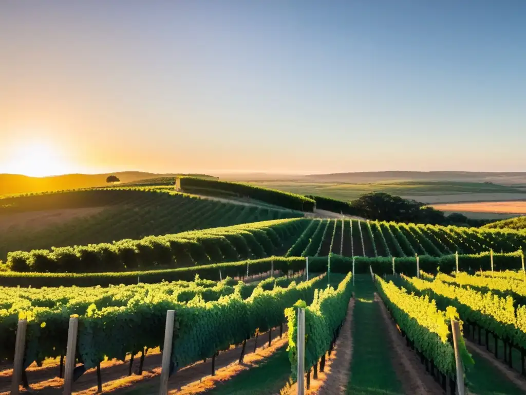 Vista panorámica al atardecer de un viñedo en Uruguay, con la Ruta de lujo vinos Uruguay señalada, creando magia