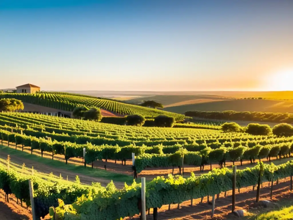 Vista panorámica al atardecer de un viñedo uruguayo, maridaje perfecto de gastronomía y vinos uruguayos en un ambiente cálido y acogedor