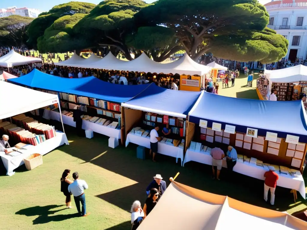 Vista panorámica de ávidos lectores y puestos repletos de libros bajo el sol en las ferias literarias importantes de Uruguay, Punta del Este