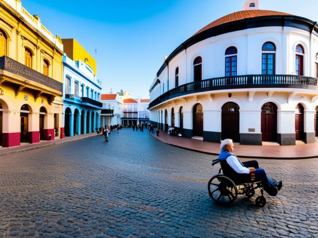 Vista panorámica del Barrio Histórico en Uruguay con museos y atracciones accesibles, destacando el Teatro Solís y su inclusión para todos