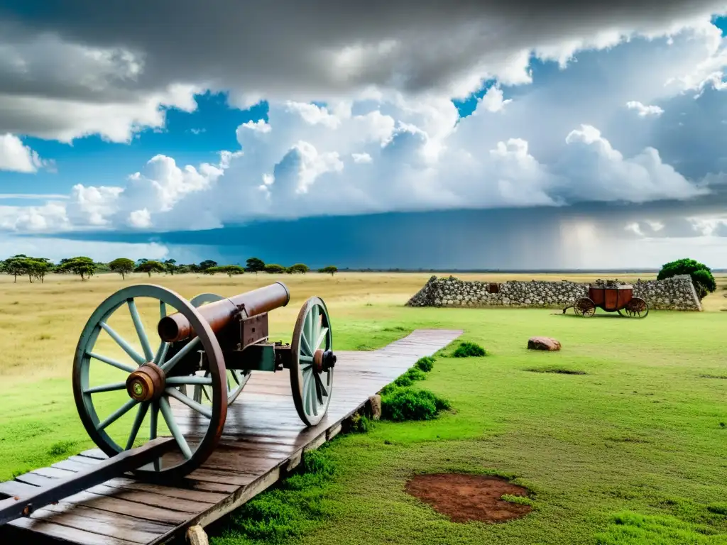 Vista panorámica de la Batalla de Las Piedras, historia uruguaya, bajo un cielo nublado con un antiguo cañón y monumento conmemorativo