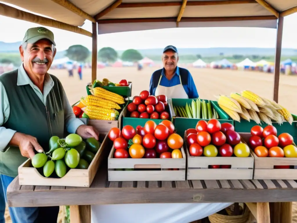 Vista panorámica de una bulliciosa feria agrícola en Uruguay, con un granjero orgulloso mostrando sus productos frescos en un puesto rústico de madera