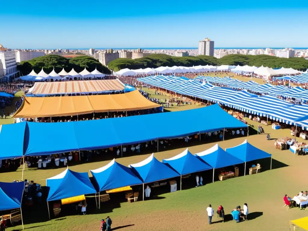 Vista panorámica de la bulliciosa 'Ferias gastronómicas Uruguay', llena de sabores tradicionales y el icónico Palacio Salvo al fondo