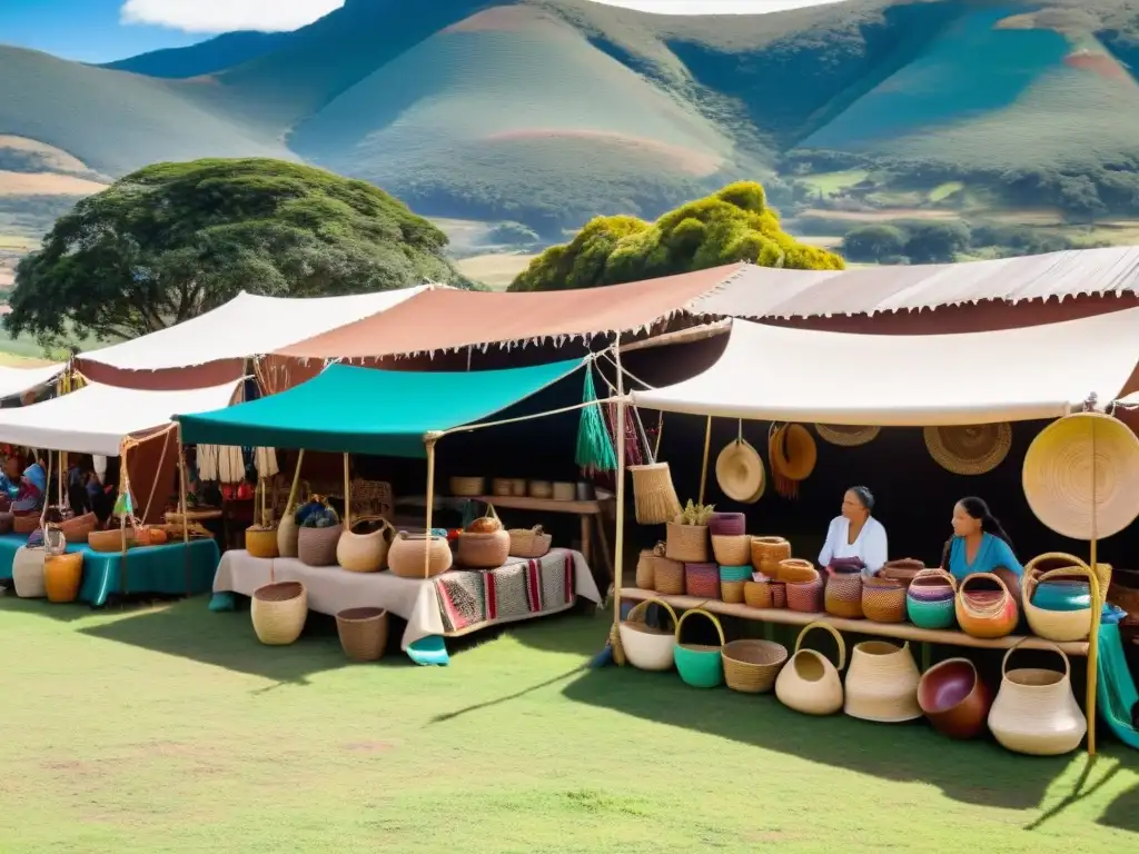 Vista panorámica de un bullicioso mercado de artesanía uruguaya de pueblos indígenas, radiante al pie de una verde colina al atardecer