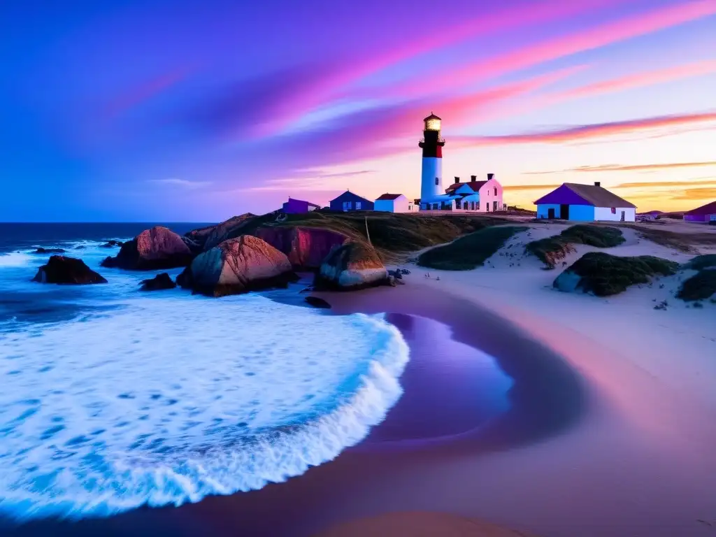 Vista panorámica de Cabo Polonio al anochecer, iluminado por tonos rosados y anaranjados