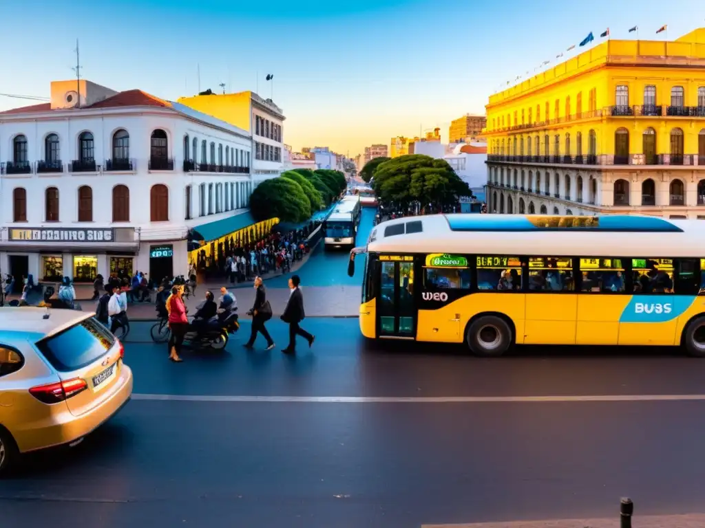 Vista panorámica de una calle uruguaya al atardecer, con un bus ecológico y diversidad de pasajeros, mostrando el transporte económico y eficiente en Uruguay