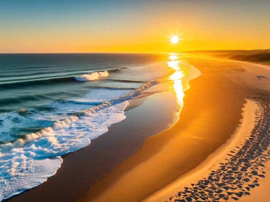 Vista panorámica y cautivadora del atardecer en las Playas de Oro en Uruguay, con su arena dorada y mar azul