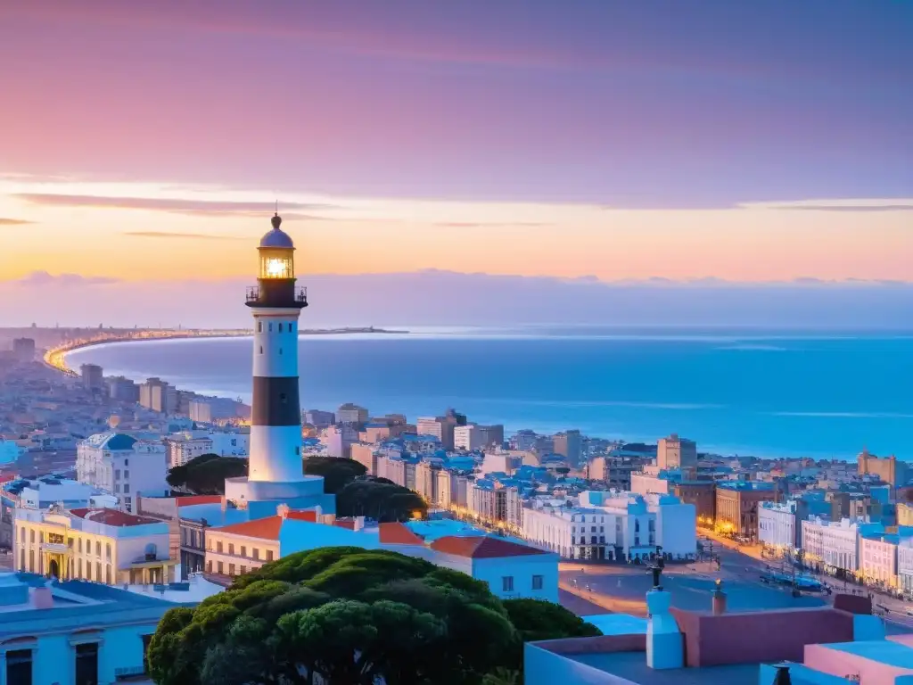 Vista panorámica de Montevideo desde el Cerro, mezcla de arquitectura moderna y colonial, leyenda Cerro Montevideo mitos realidades se desvanecen en la neblina al atardecer