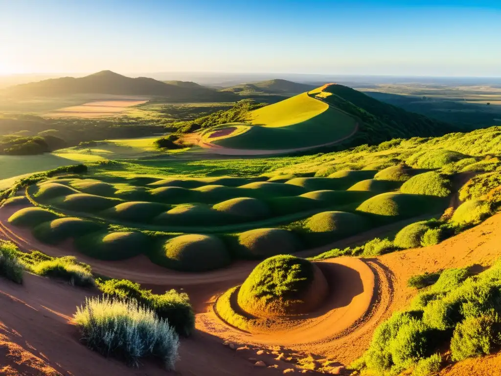 Vista panorámica del Cerro de los Santos en Uruguay, bañado por la luz dorada del atardecer, invitando a explorar su historia