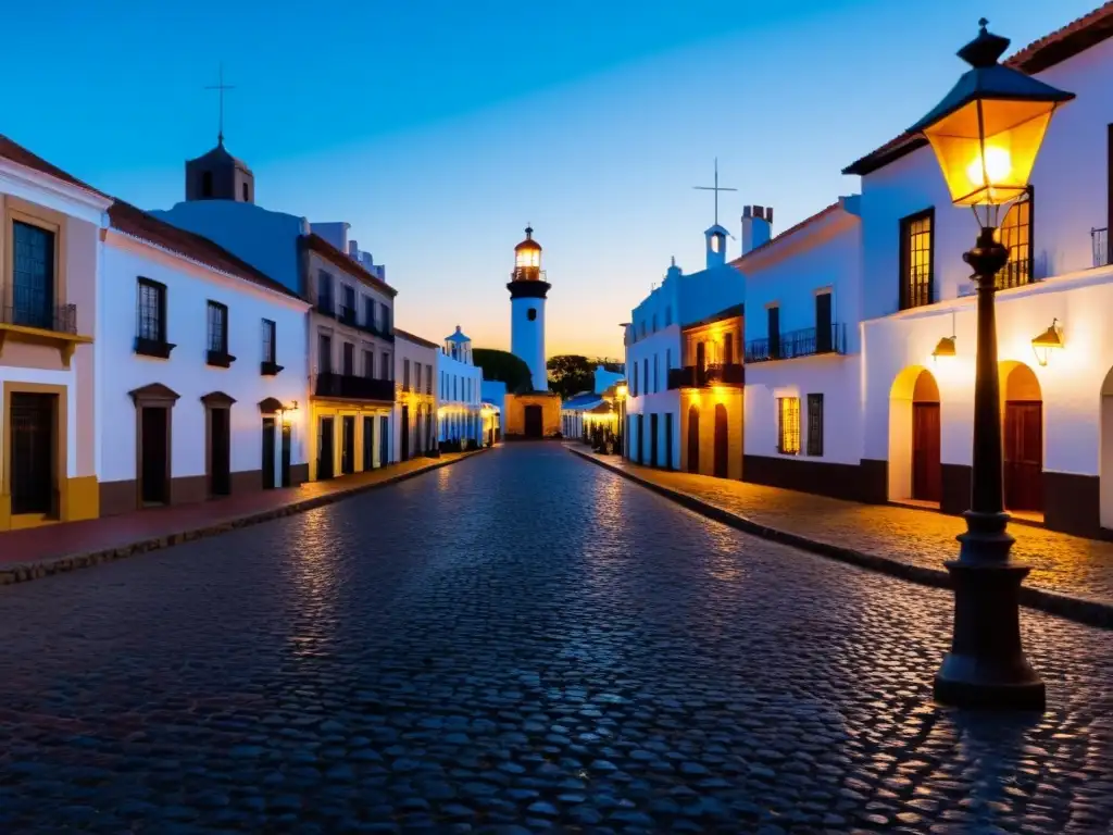 Vista panorámica de la ciudad antigua de Colonia del Sacramento, Uruguay, con sus calles adoquinadas, antiguos coches y faro imponente al anochecer