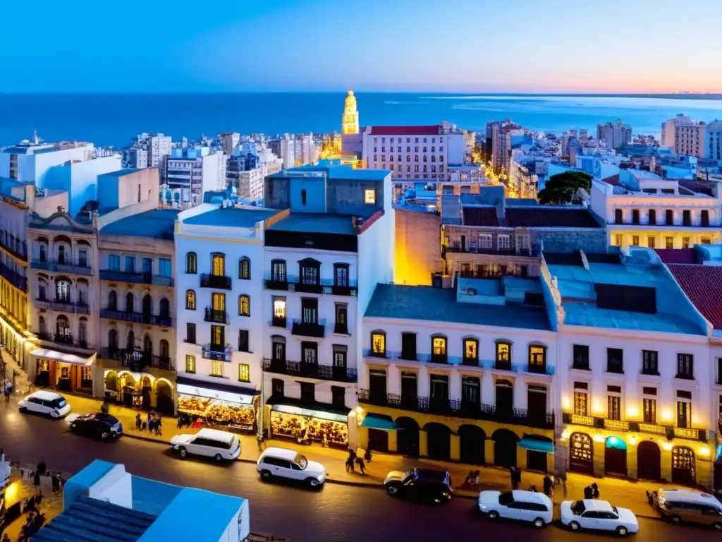 Vista panorámica de Ciudad Vieja, Montevideo, bajo la luz dorada del atardecer