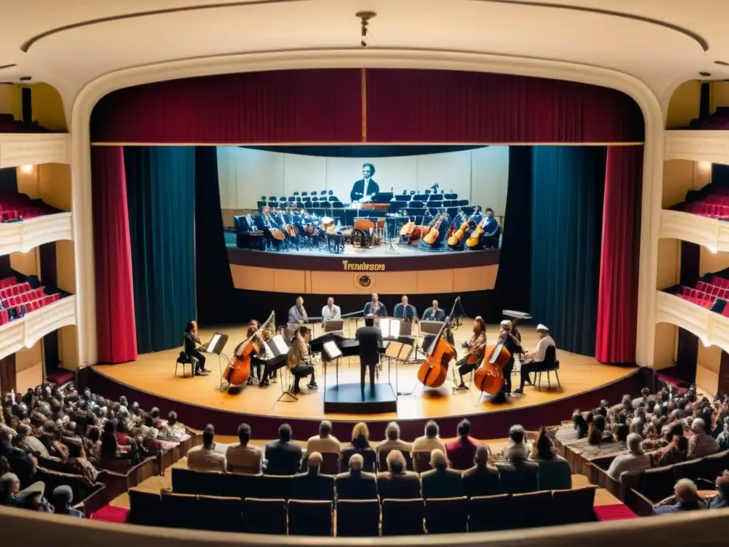 Vista panorámica de un concurrido concierto en Montevideo, Uruguay, con instrumentos tradicionales y retratos de compositores música uruguaya influyentes, bajo una cálida y acogedora iluminación