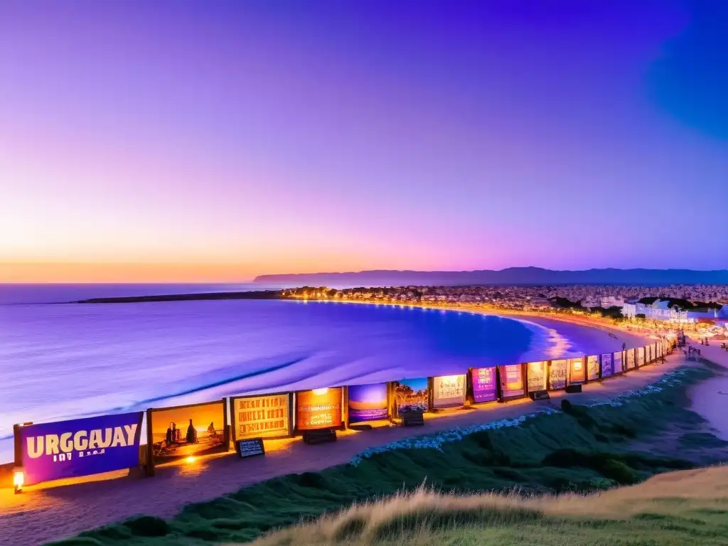 Vista panorámica de la costa uruguaya al atardecer, luces citadinas parpadean y los Festivales de Cine Uruguay 2022 despiertan emoción