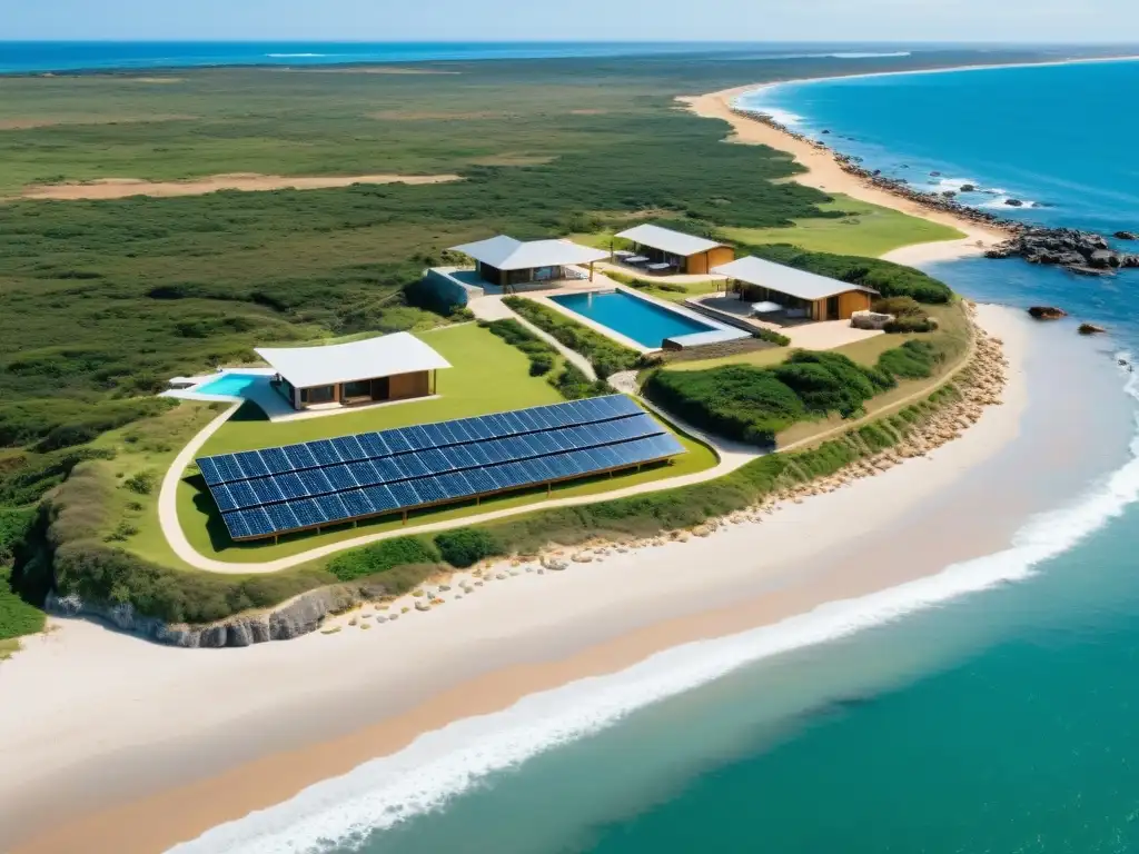 Vista panorámica de la costa de Uruguay, resorts solares y turistas practicando turismo sostenible en Uruguay impacto