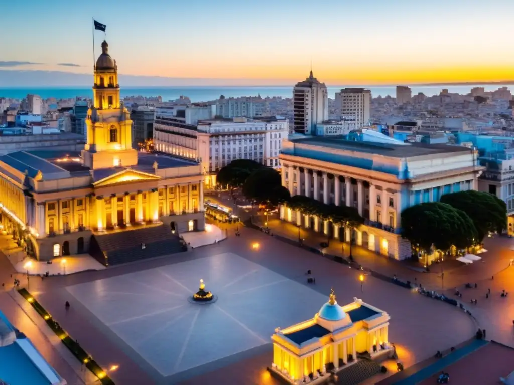 Vista panorámica de Montevideo en el crepúsculo dorado, con eventos históricos de Uruguay 2022 que cobran vida en la Plaza Independencia