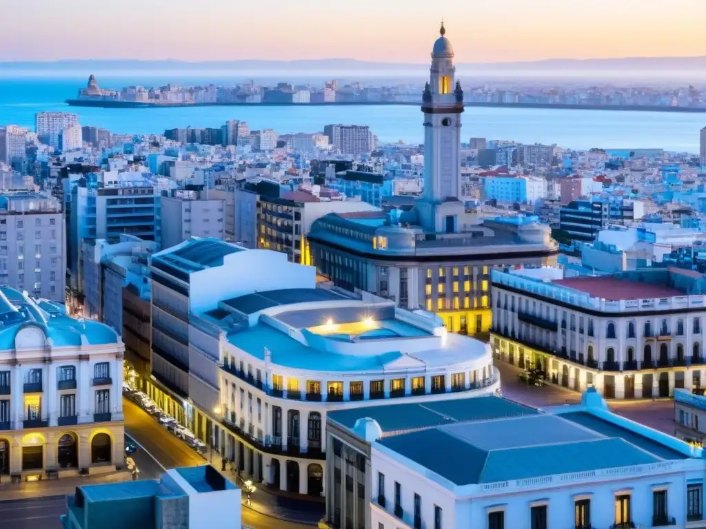 Vista panorámica de la diversidad de arquitectura histórica en Uruguay, destacando el icónico Palacio Salvo en Ciudad Vieja, Montevideo