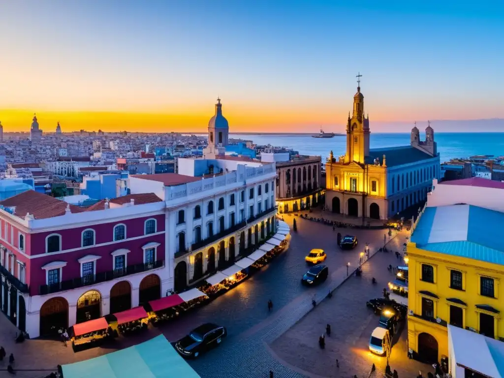 Vista panorámica de la dorada hora en la Ciudad Vieja de Montevideo, con el Teatro Solís y la Catedral Metropolitana destacando entre edificios coloniales y calles adoquinadas llenas de vida