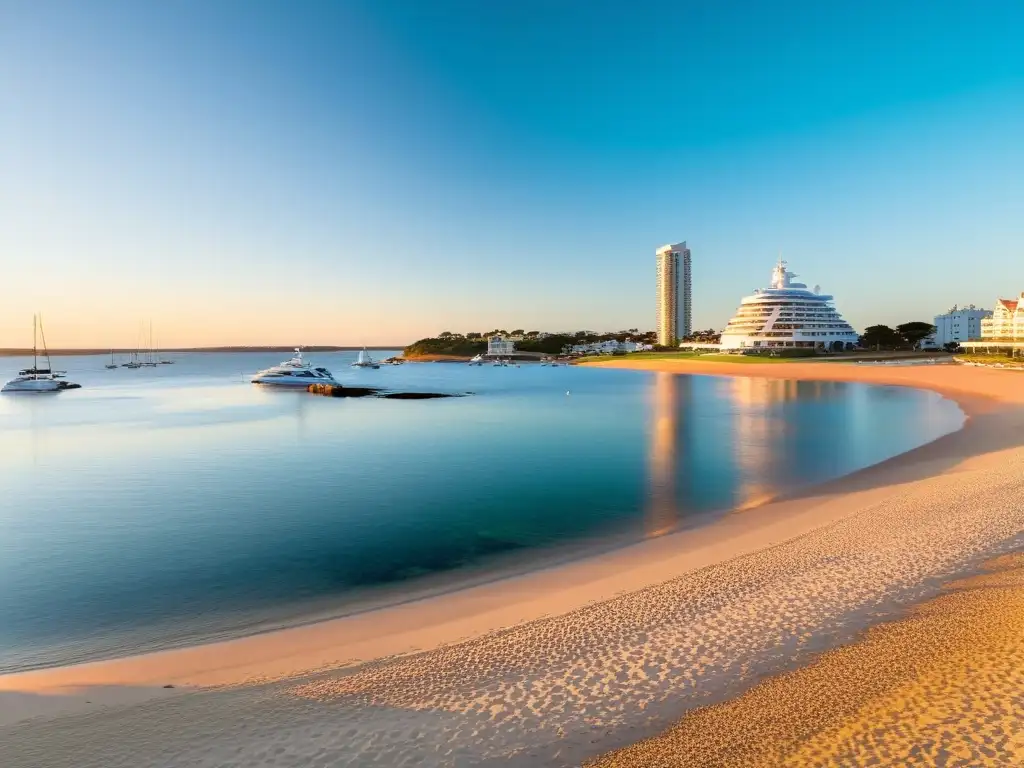 Vista panorámica dorada de Punta Del Este, Uruguay, resaltando un viaje de lujo en Uruguay con yates, resorts de lujo y un picnic gourmet