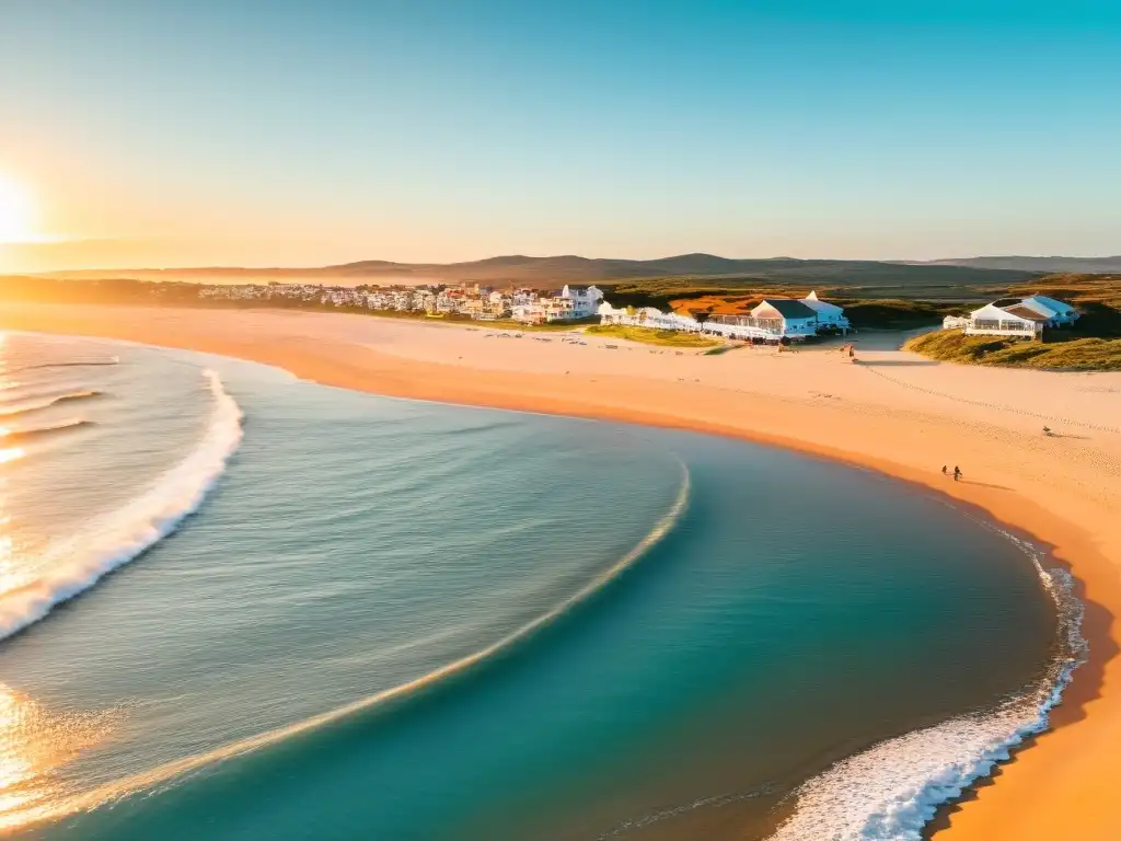 Vista panorámica de las doradas Playas de Oro en Uruguay al atardecer, con gente disfrutando de deportes y un cielo en llamas