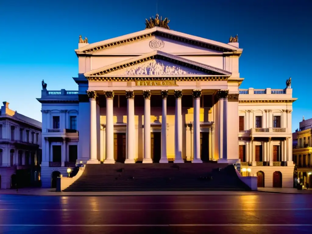 Vista panorámica dramática del Teatro Solís en Montevideo al atardecer, un emblema de cultura y arte