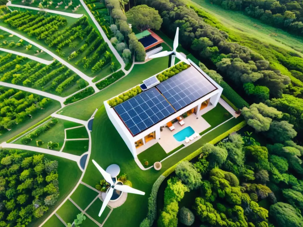 Vista panorámica desde un dron de un hotel verde en Uruguay, se funde con la naturaleza vibrante, demostrando su compromiso con la energía renovable