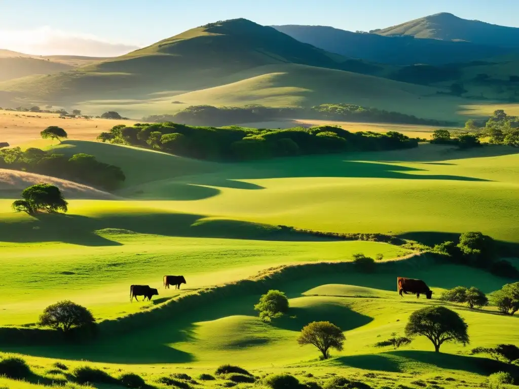 Vista panorámica encantadora de lugares ocultos en Uruguay, estancia antigua y ganado gaucho en atardecer mágico en un viaje fotográfico