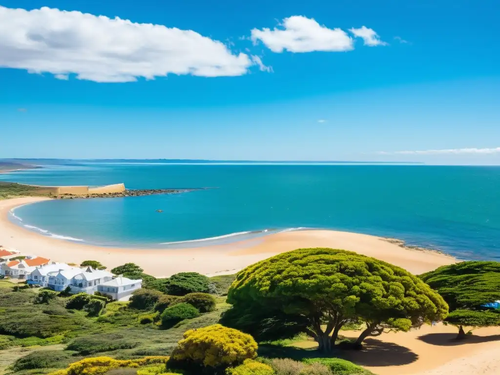 Vista panorámica y espectacular de los balnearios emblemáticos de Uruguay, donde el sol ilumina las doradas playas y las tranquilas aguas turquesas