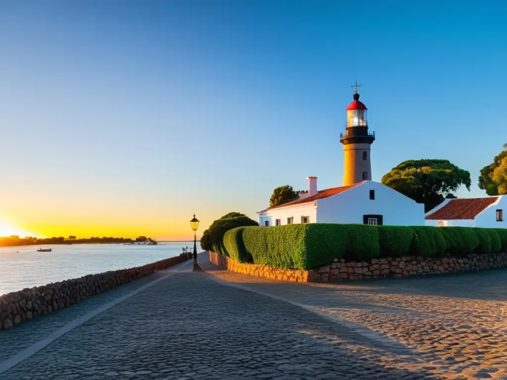 Vista panorámica del Faro de Colonia del Sacramento, uno de los lugares fotogénicos de Uruguay, bañado por el sol dorado