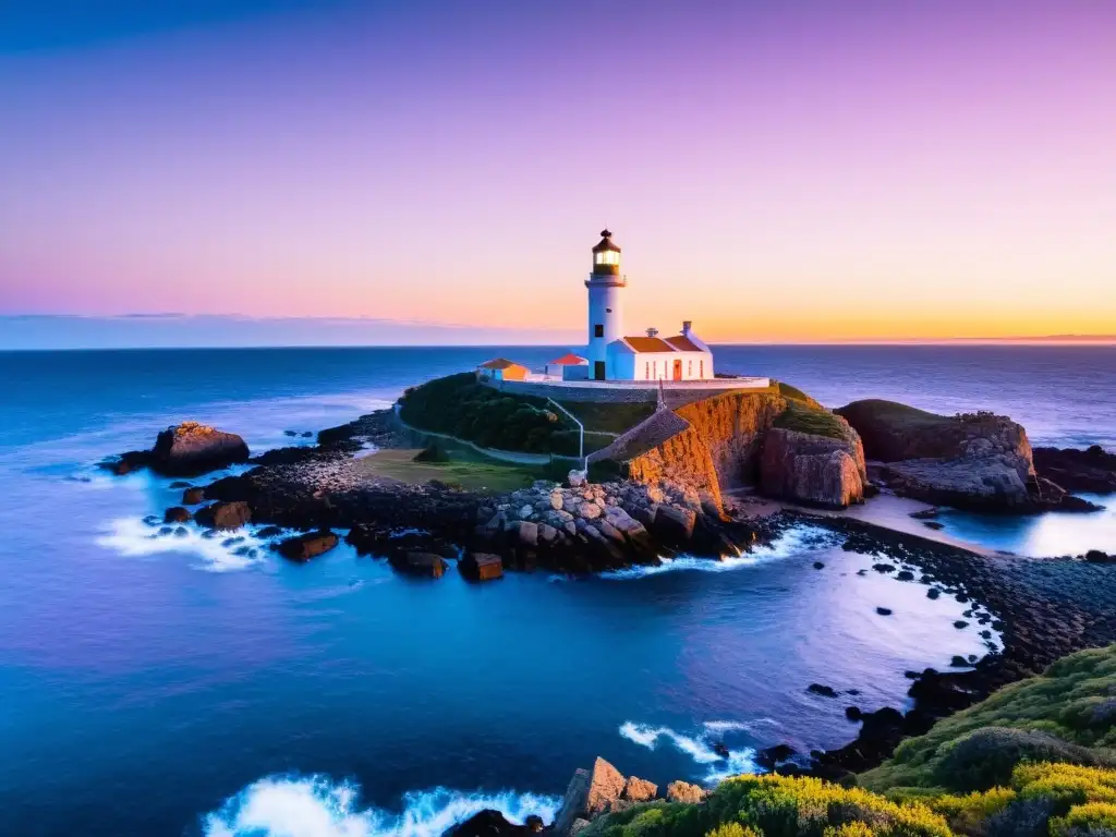 Vista panorámica del faro histórico de Isla de Lobos, Uruguay, bañado en los colores del atardecer y rodeado de naturaleza salvaje