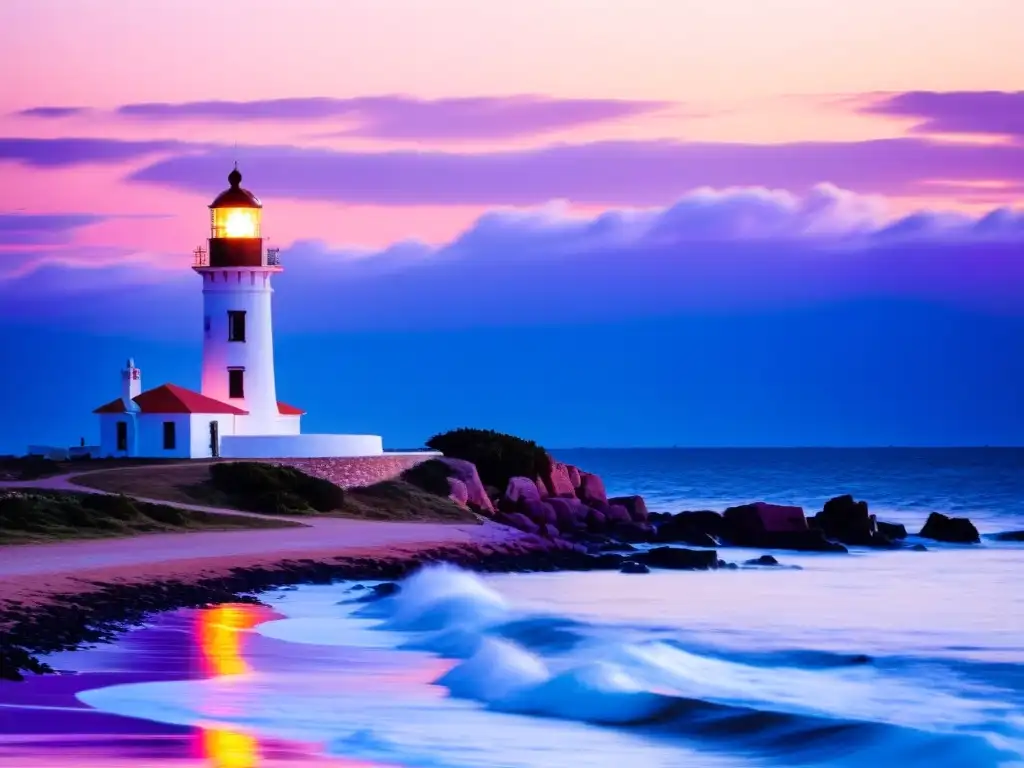 Vista panorámica del faro histórico 'Faro de Punta del Este' en Uruguay al atardecer, con cielo en llamas de naranja, rosa y morado