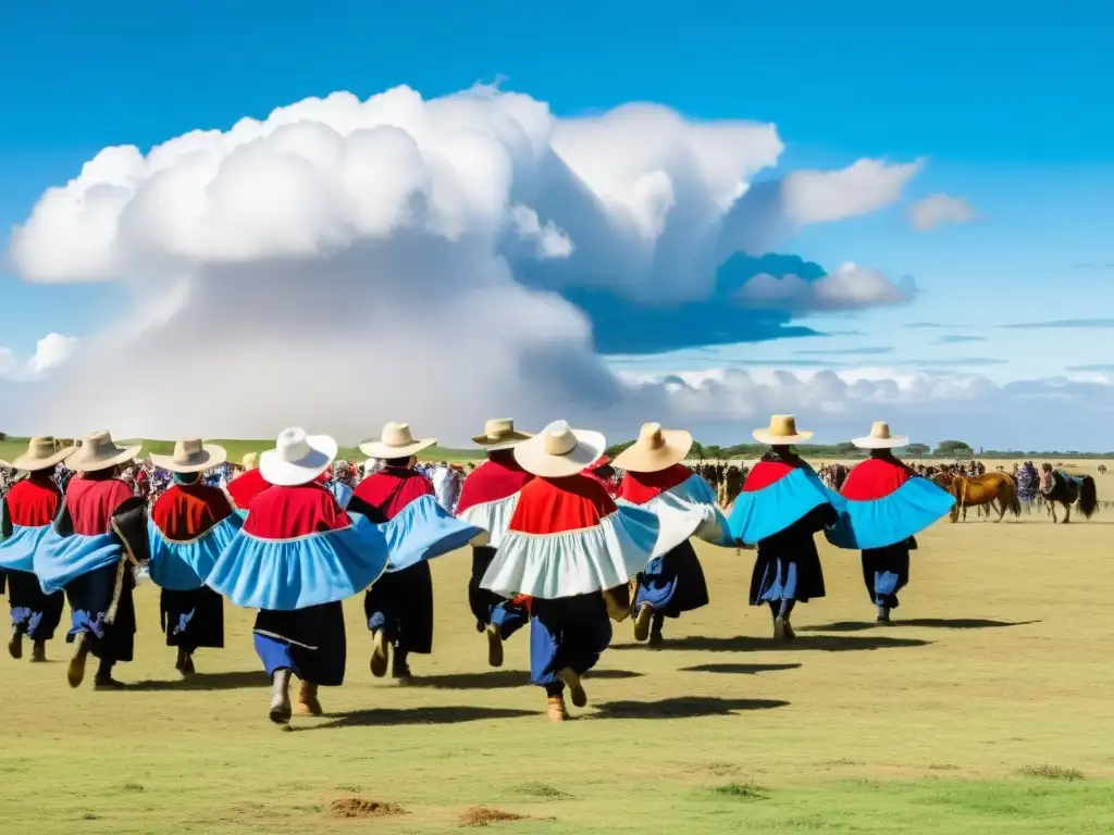 Vista panorámica de la Fiesta de la Patria Gaucha Uruguay, con gauchos tradicionales, danzas folclóricas y puestos de artesanías bajo un cielo atardecer