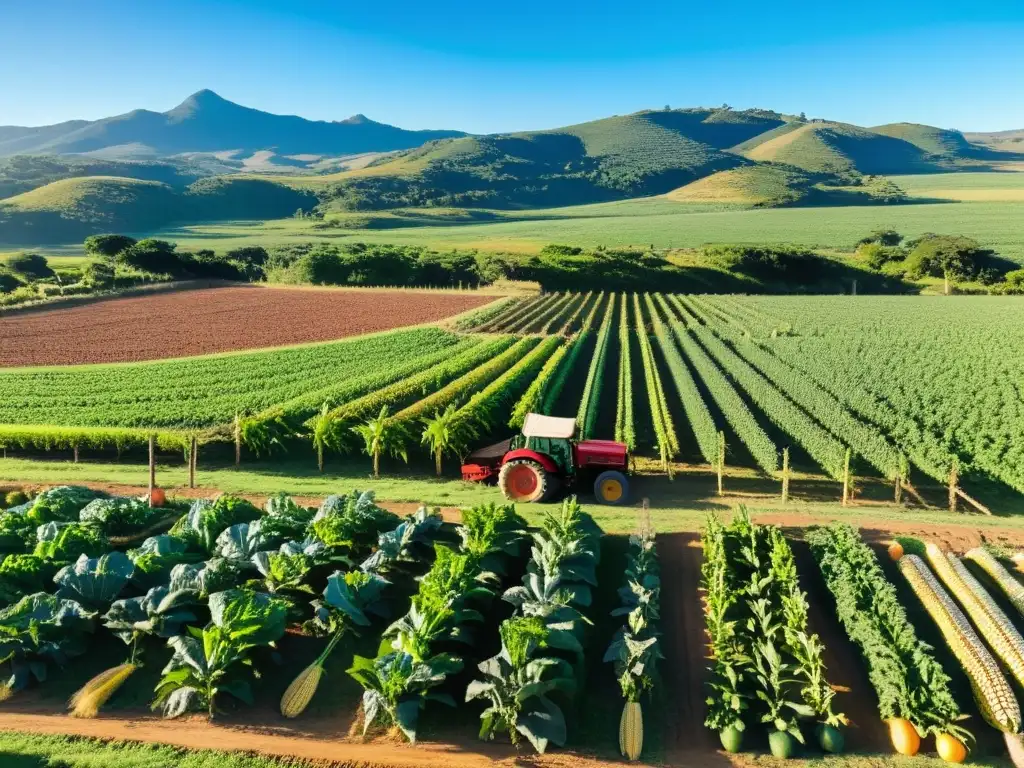 Vista panorámica de una granja orgánica en Uruguay, llena de coloridas verduras y 'Tiendas naturistas orgánicas en Uruguay'