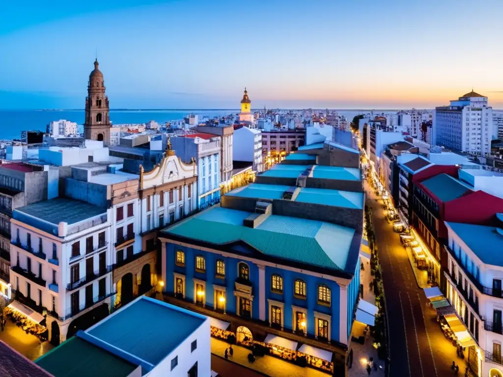 Vista panorámica de la historia y cultura de Uruguay en Ciudad Vieja, Montevideo, con su arquitectura colonial y Art Deco, calles adoquinadas y el icónico Palacio Salvo al atardecer