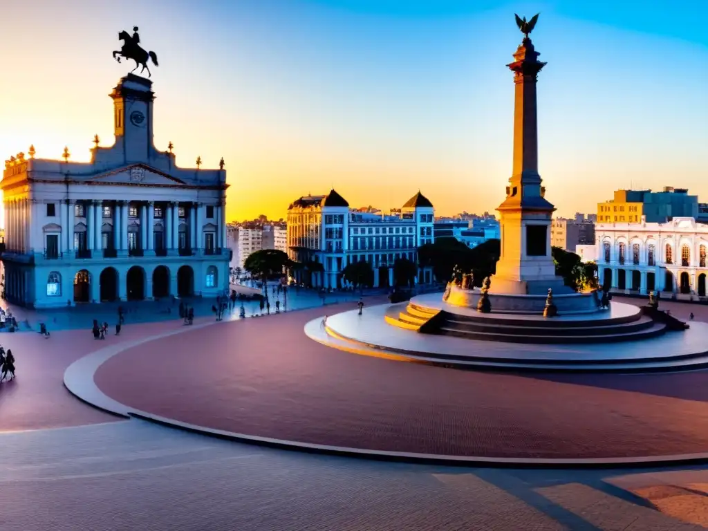 Vista panorámica de la Historia Plaza Independencia Montevideo, bañada por la luz dorada del atardecer, con la estatua de Artigas orgullosa al frente