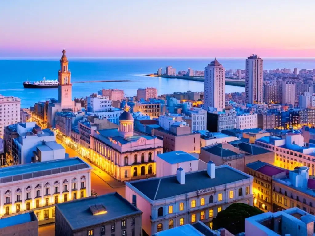 Vista panorámica de Montevideo, Uruguay al anochecer, donde la historia y modernidad de Montevideo se entrelazan en un horizonte dorado