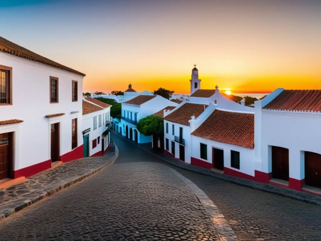 Vista panorámica de la historia y patrimonio de Colonia del Sacramento al atardecer, con su faro emblemático y arquitectura colonial bien conservada