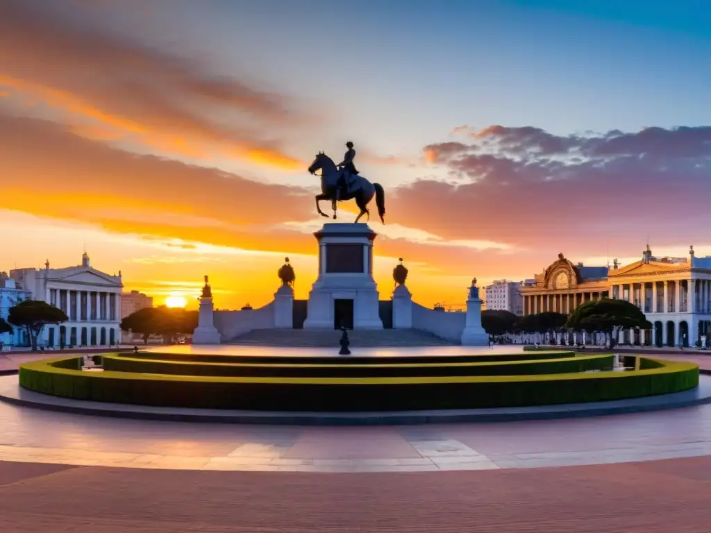 Vista panorámica de la histórica Plaza Independencia en Montevideo, Uruguay, bajo un cálido atardecer naranja