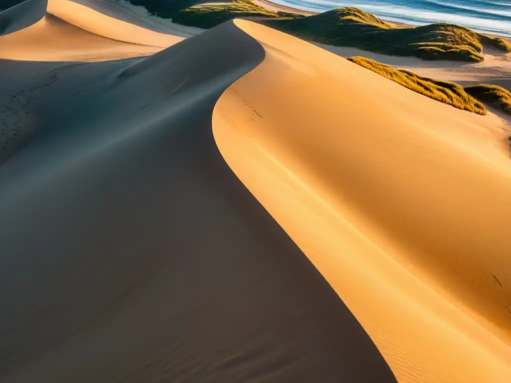 Vista panorámica de la inigualable belleza del ecosistema dunas costa uruguaya, bañado por la luz dorada del atardecer