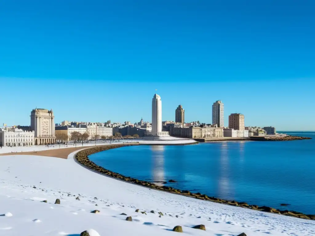 Vista panorámica invernal de Montevideo, con el Palacio Salvo y la Torre de las Telecomunicaciones destacándose en el paisaje nevado