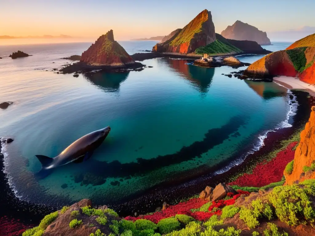 Vista panorámica de Isla de Lobos al atardecer, con leones marinos jugando y el faro encendiéndose, reflejando la vida salvaje autóctona