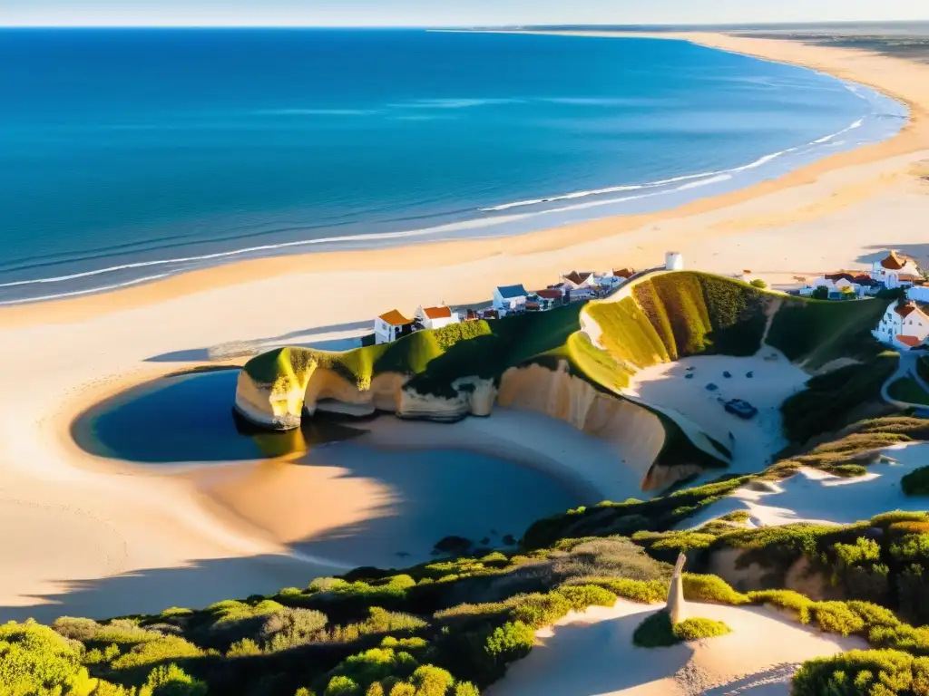 Vista panorámica de la joya costera de Uruguay, La Pedrera, al atardecer: playa prístina, sombrillas coloridas y surfistas al horizonte