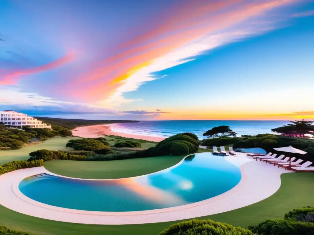 Vista panorámica de un lujoso resort en Punta del Este, Uruguay, reflejando el mejor hospedaje turismo Uruguay en un atardecer vibrante