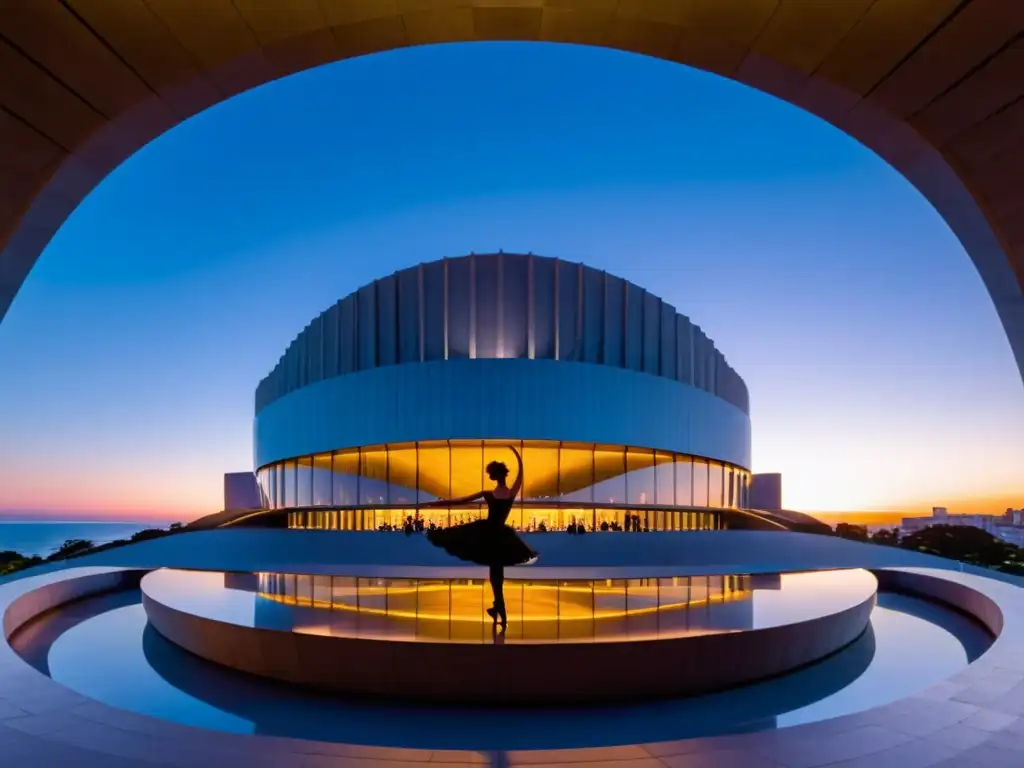 Vista panorámica del majestuoso Auditorio Nacional Adela Reta en Montevideo, epicentro de los eventos de danza prestigiosos de Uruguay, al atardecer