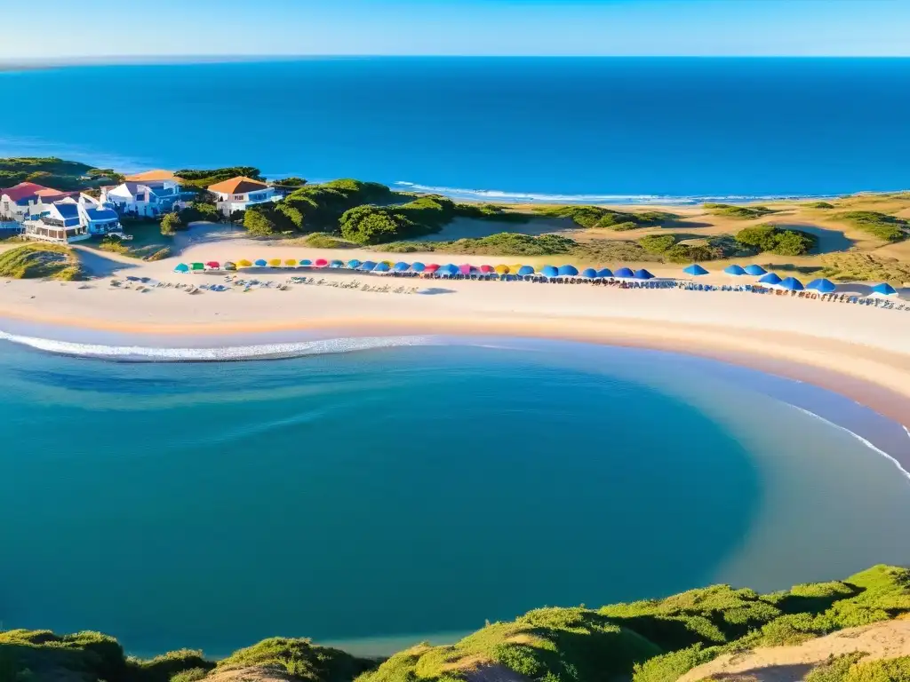 Vista panorámica de Maldonado, playas llenas de risas y arte, un mercado gastronómico vibrante bajo un cielo azul, Uruguay