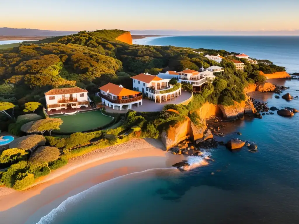 Vista panorámica del mejor hospedaje turismo Uruguay: resorts lujosos y acogedores B&Bs entre vegetación tropical, bajo un cálido atardecer