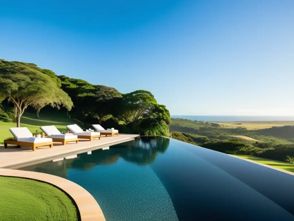 Una vista panorámica del mejor spa de lujo en Uruguay, con su piscina infinita y la serenidad de sus verdes colinas