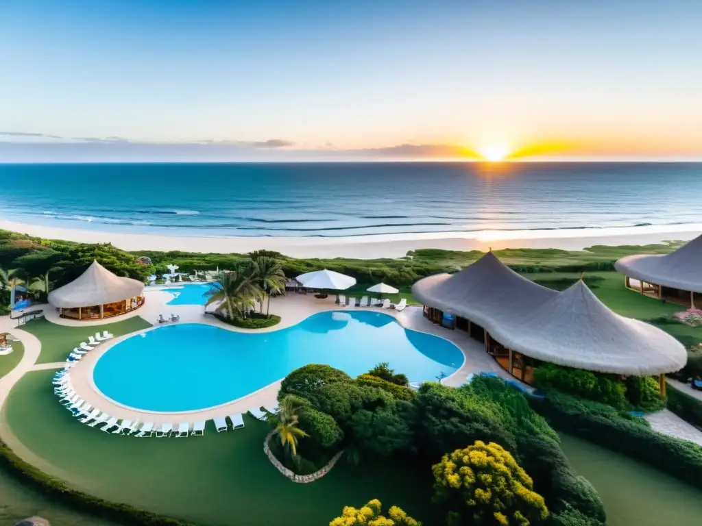 Vista panorámica de uno de los mejores alojamientos para niños en Uruguay, con su vibrante flora, playa dorada, piscina reluciente y un cielo al atardecer teñido de colores cálidos