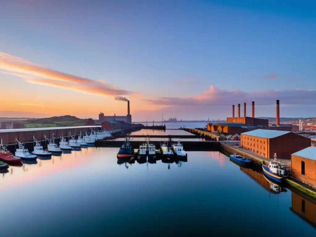 Vista panorámica del Paisaje Industrial Fray Bentos, Uruguay, al atardecer, con una fábrica histórica y el tranquilo puerto